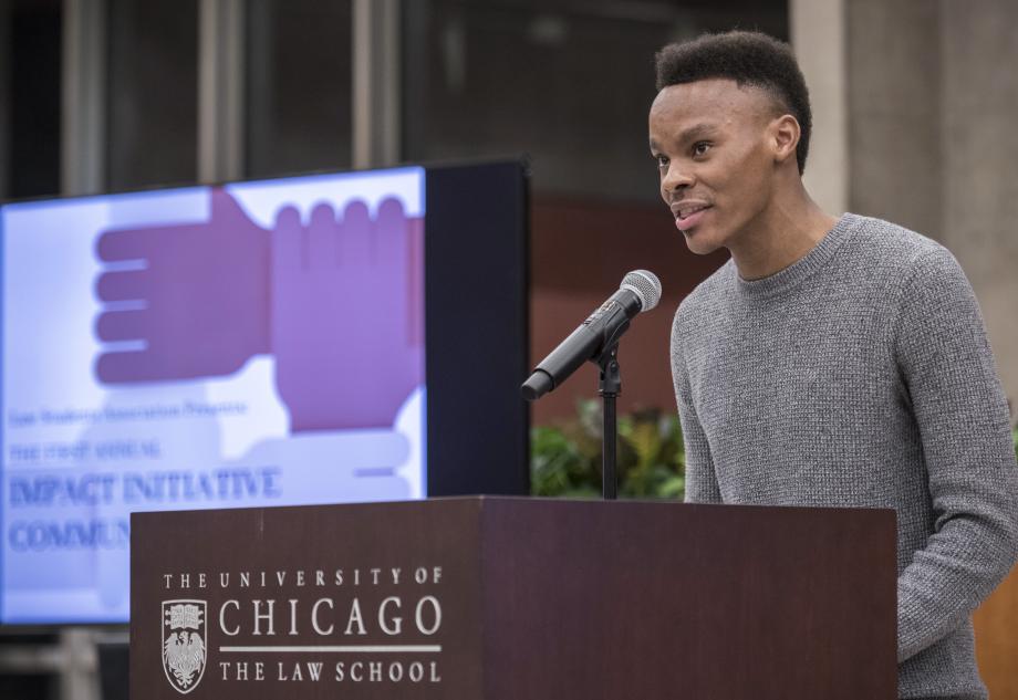 Attendees heard from several speakers. In what Crouse called "an unforgettable beginning of the night," James Jones, '22, shared his story of growing up on the South Side. Jones, a 1L representative for the Law School's Black Law Student Association, spoke of his upbringing, early interactions and perceptions of the University of Chicago, and what he believes needs to be done to improve and strengthen the relationship between the school and community. 