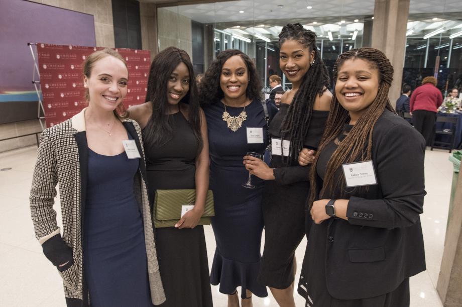 Alexis Grinstead, Tammy Adereti, Amiri Lampley, Savannah West, and Kamara Nwosu, all '20, at the event.