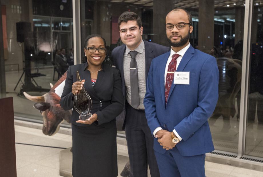 This year, BLSA honored Judge Ketanji Brown Jackson (left) of the US District Court for the District of Columbia. She is show with BLSA vice president Adam Hassanein, '21 (center), and BLSA President Tyree Petty-Williams.