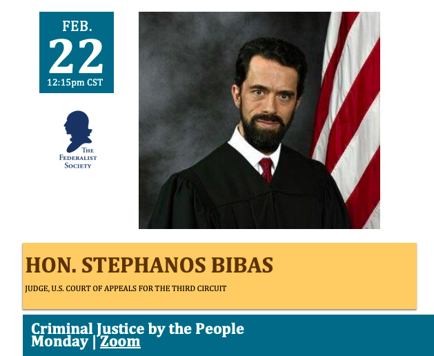 The Federalist Society logo and Judge Bibas
