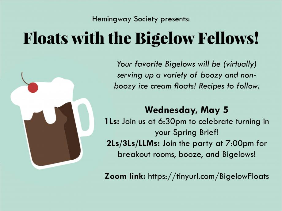 [Image description: Mint colored poster with the title of the event on top and event details - as in the email- on the right. To the left of the info is a root beer float with whipped cream and a cherry on top!]