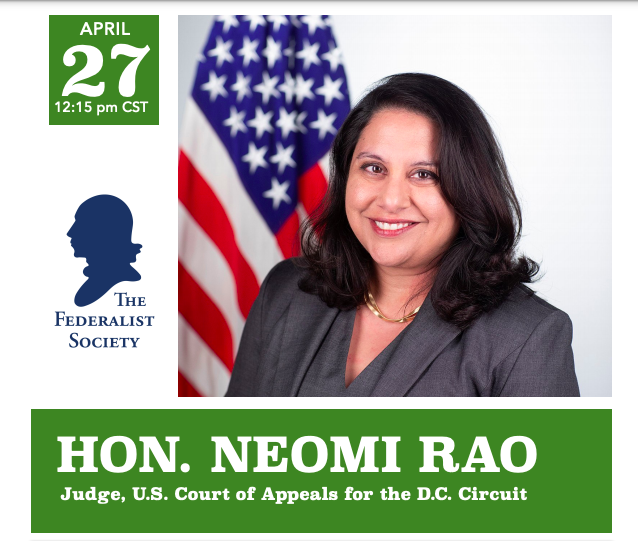 Hon. Neomi Rao and the Federalist Society logo