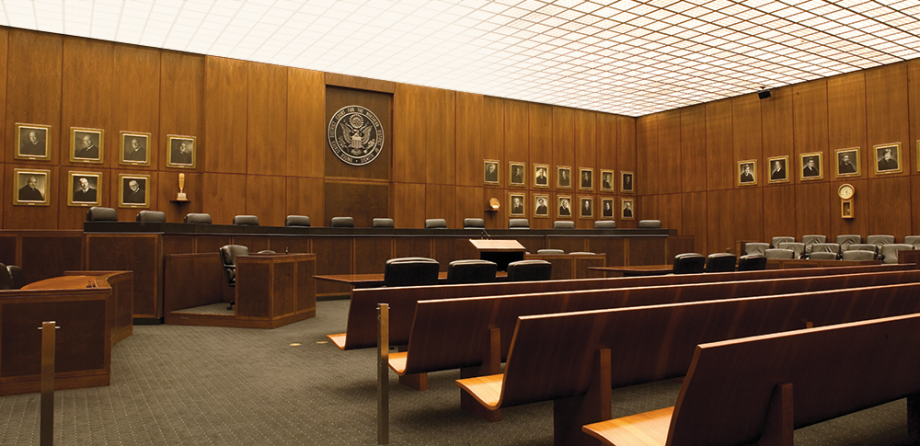 Wide-angled shot of an empty courtroom