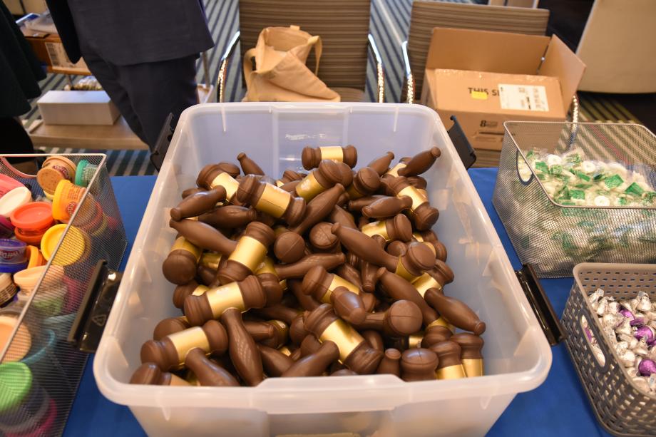 A closeup of squishy brown "stress ball" gavels.