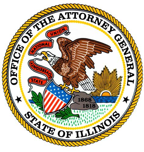 The image shows the logo for teh Illinois Attorney General's Office - a circular seal with an eagle perched on an American flag-decorated shield, with the sun rising in the background.