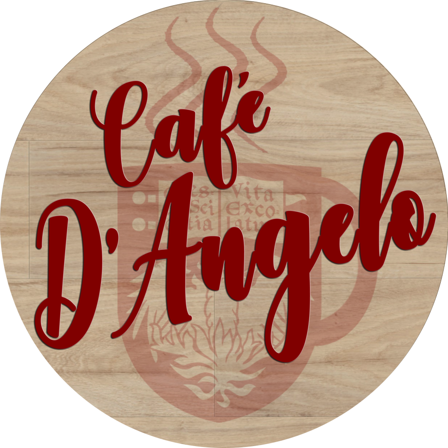 wooden circle sign with cafe d'angelo in red cursive letters.