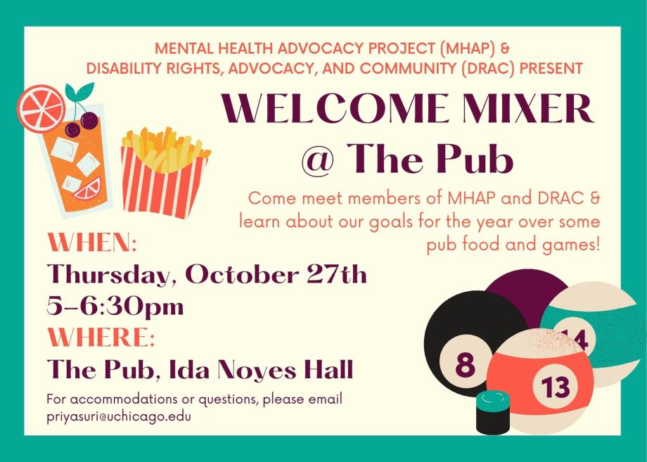 Invitational flyer for MHAP/DRAC Welcome Mixer @ The Pub