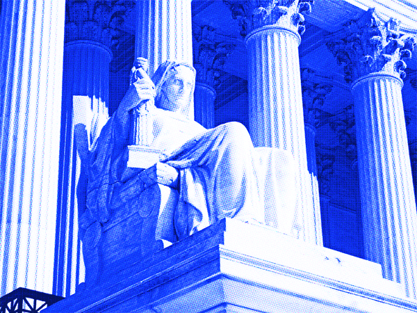 cropped blue, digitized image of the The Contemplation of Justice, which sits on the west side of the United States Supreme Court building