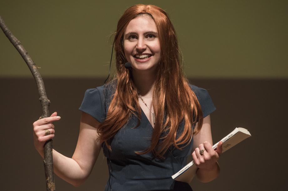 A closeup of the student playing Professor Alison "LaCroixFiki." student playing 