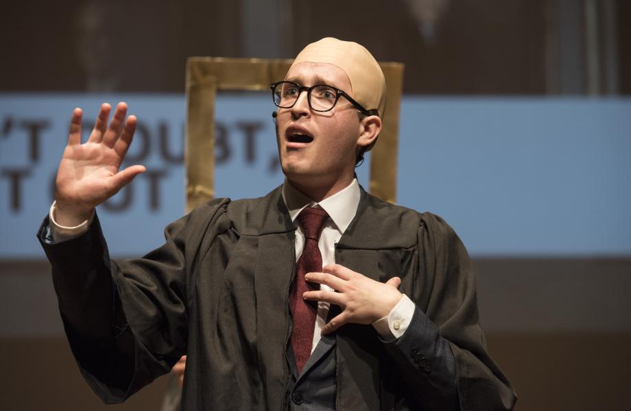Julian Gale, '22, portrayed Judge Pawsner. Here, he sings about doing things his way in a parody of "My Way."