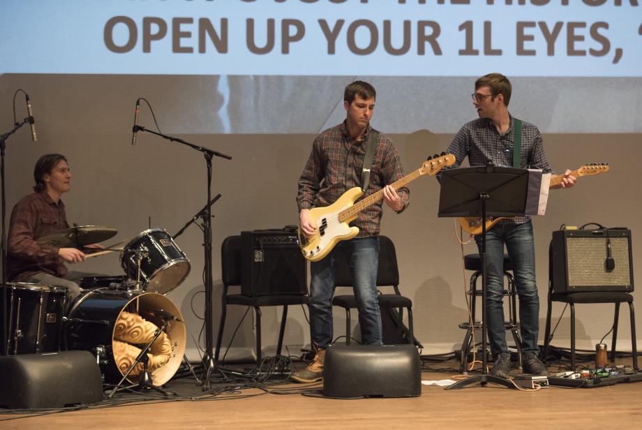 Sam Capparelli, '22, (left on drums) and Alex Beer, '22, (right on guitar) led the six-person band. They are shown with bass player Will Boudreau, '22.