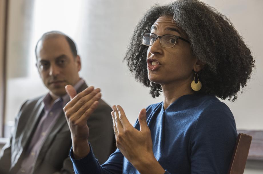 Justice Kruger (right) speaking as Professor Strahilevitz looks on.