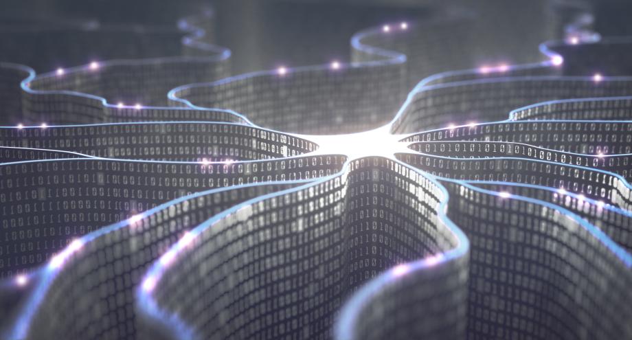 Ones and zeros display on lines mimicking a neuron