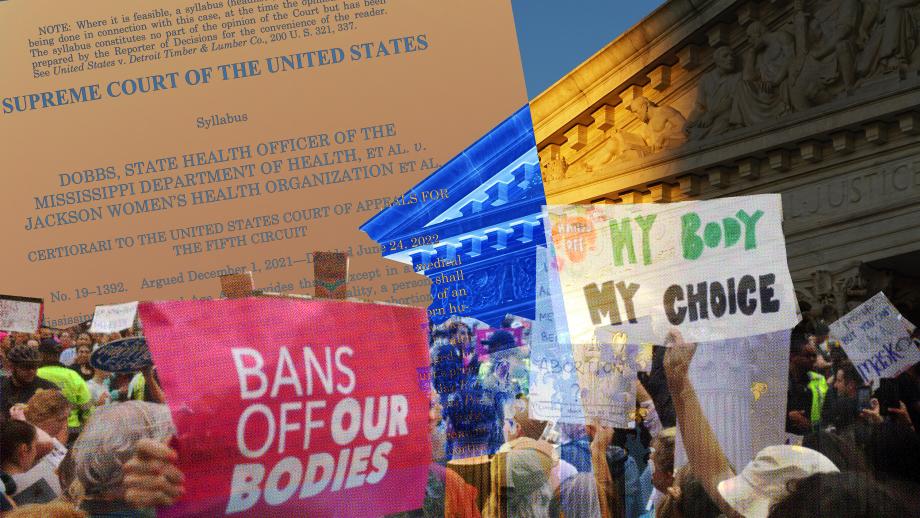collage depicting the dobbs decision, the supreme court and protestors with reproductive rights signage