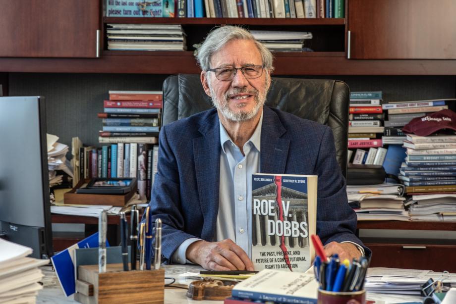 Professor Geoffrey Stone with his newly released book, Roe v. Dobbs: The Past, Present, and Future of a Constitutional Right to Abortion 