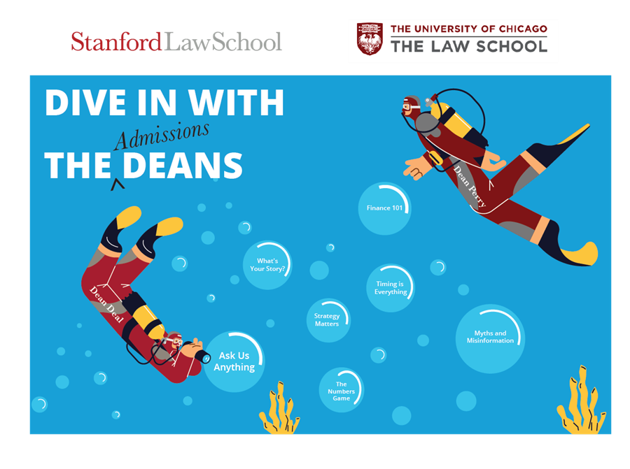two divers swimming in the ocean with the Dive in with the Admissions Deans logo