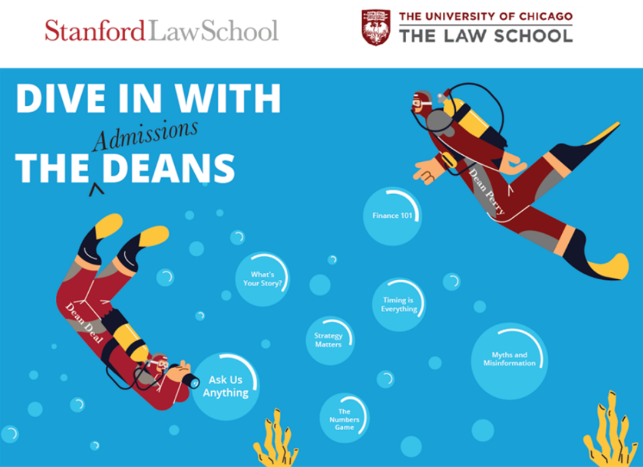 drawing of two underwater divers with the Dive in with the Admissions Deans logo