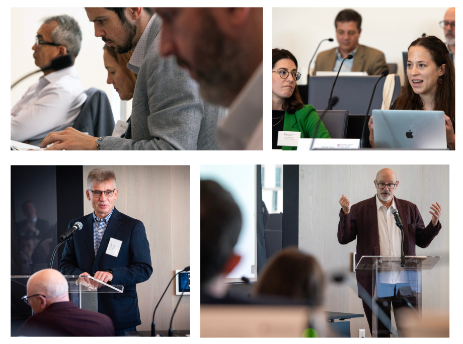 (Top left and right photos) Conference attendees in the peter may boardroom at the rubenstein forum. (Bottom left photo) Pavel Malyi speaking at the podium in the peter may boardroom. (Bottom right) Tom Ginsburg speaking at the podium in the peter may boardroom.