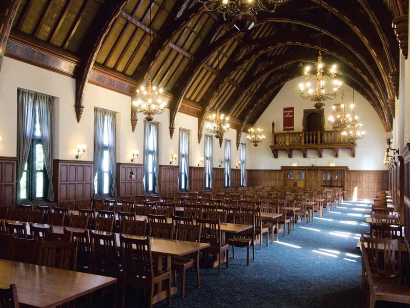 The grand dining rooms of the old Burton-Judson dining hall were given a facelift and now provide elegant seating for patrons of the South Campus Dining Commons.