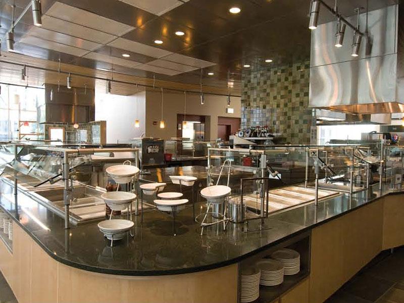 The South Campus Dining Commons, located steps from the Law School, offers a wide array of food, including Mediterranean cuisine, a salad bar, a grill and deli, and certified kosher and vegan stations.