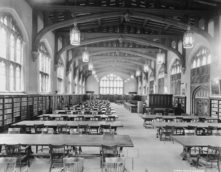 The library's reading room was known for its high ceilings and long wooden tables.