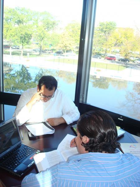 Two LLM students from Mexico study hard in the newly-renovated D'Angelo Law Library. Hard at work in the new D'Angelo Law Library