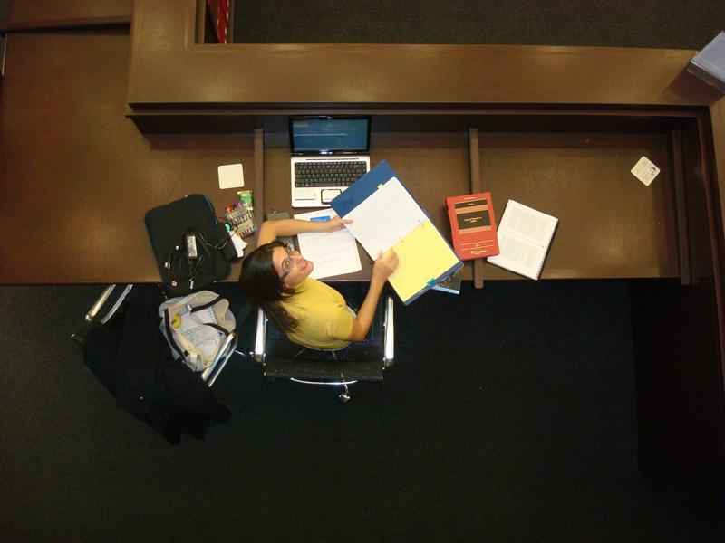 One of the LLM students from Spain is hard at work on the first floor of the library. Hard at work in the new D'Angelo Law Library