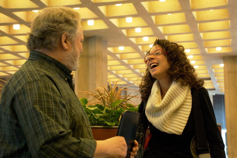 Vanessa Casado Pérez, one of two LLM board members of the 2009 Law Students Association, enjoys a laugh in the Green Lounge with Dean Richard Badger. Laughing with Dean Badger