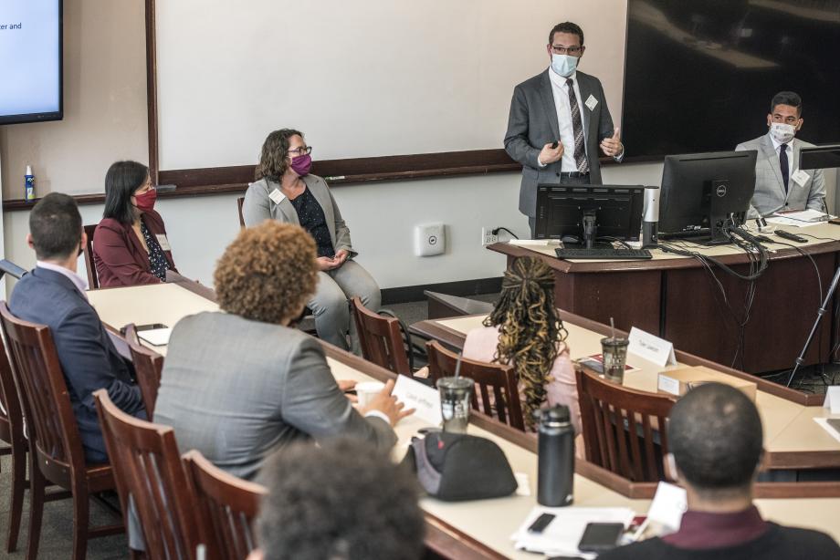 On the first day of Pre-Orientation, students got a program overview, participated in a Diversity & Inclusion workshop, and, seen here, received an introduction to the Dean of Students Office.