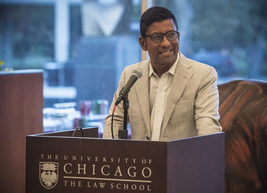 During the Entering Students Reception, Dean Miles and Professor Aziz Huq, pictured here, congratulated and welcomed the new students. 