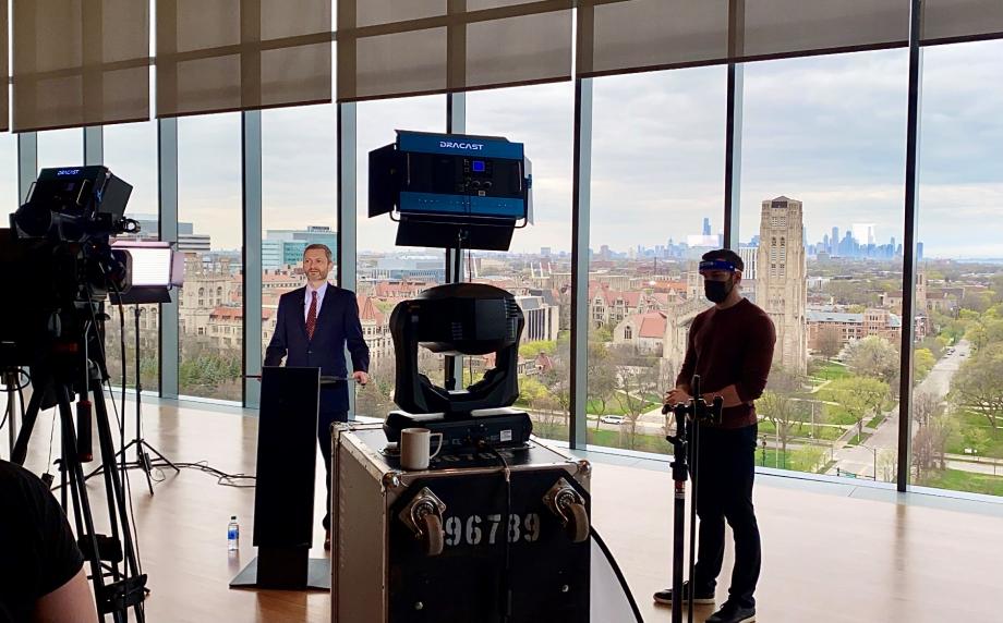 In preparation for Reunion Weekend, Dean Miles and other participants devoted time before and during the weekend to record programming. In this photo, Dean Miles is working with the Black Oak Production Company to record his state of the Law School address in the David M. Rubenstein Forum. 