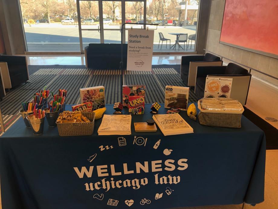 A studey break station covered with games and coloring pages.