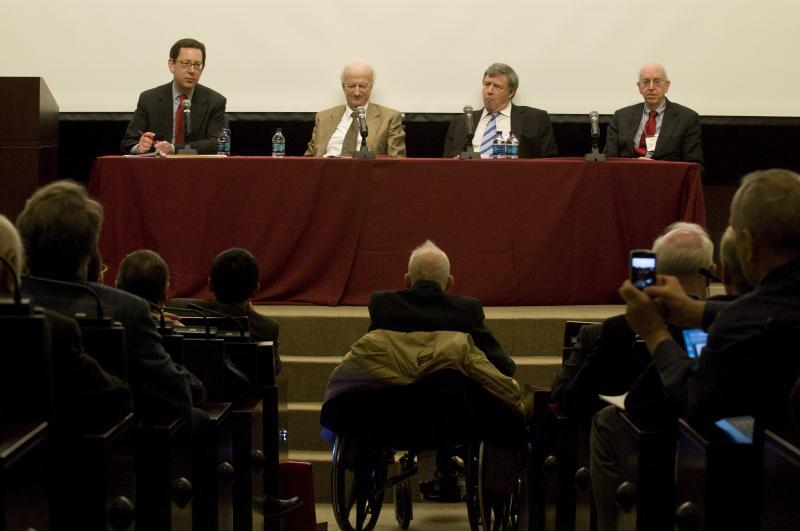 Dean Michael Schill, Gary Becker, Geoffrey Stone, and Richard Posner w/ R. Coase