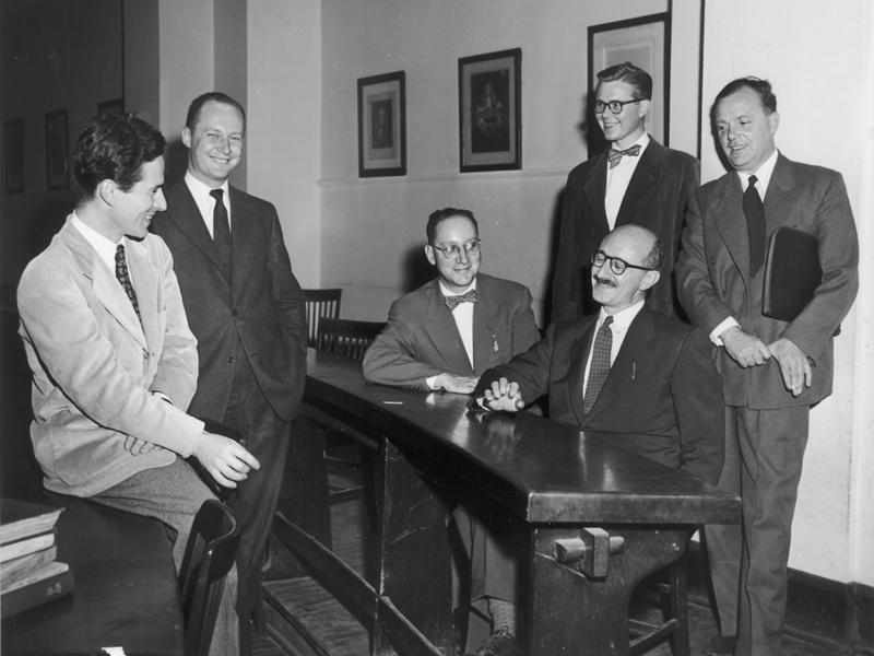 William Letwin (PhD in economics, '51, and Research Associate at the Law School, 1953-1955), Robert Bork, ’53, Edward Levi, John McGee (then with the University of Chicago economics department), Aaron Director, and John Jewkes (then an economist at Oxford University) at the conclusion of a 1953 law and economics conference at the Law School.