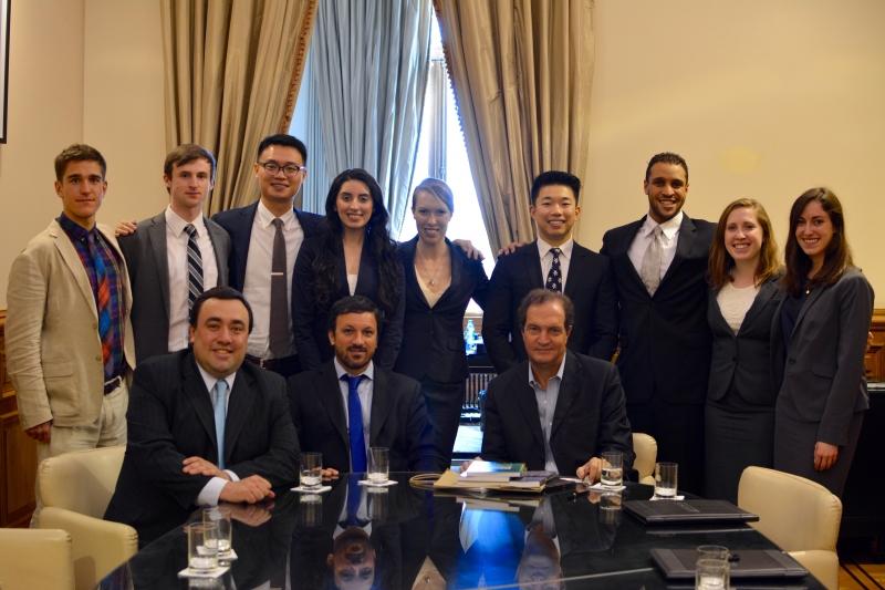 The Argentina trip, part of the Law School's International Immersion program, focused on economic development, law, and human rights. Here students are shown with the Legal and Technical Secretary to Argentine President Mauricio Macri.