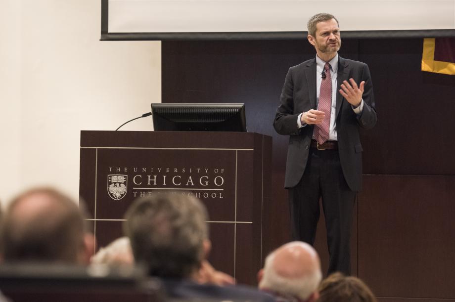 Alumni gathered in the auditorium to hear an update about the Law School from Dean Thomas J. Miles.