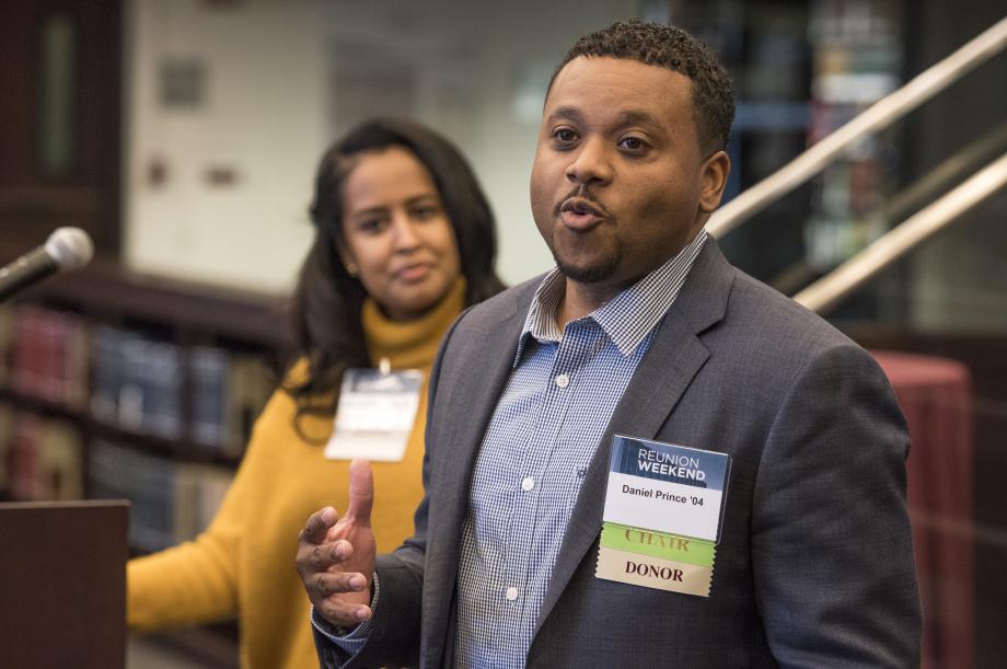 Rahwa Ghebre-Ab, '09, and Daniel Prince, '04, spoke to students and alumni at the BLSA reception in the D'Angelo Law Library.