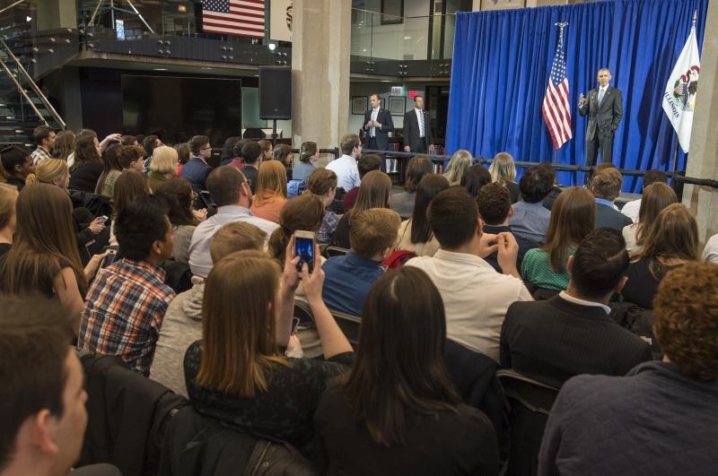 Before the event, Obama visited the watch party in the D'Angelo Law Library. "So," he said to the students, "aren't you supposed to be studying?" 