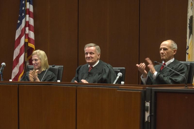 The panel included Judge Beverly B. Martin of the U.S. Court of Appeals for  the Eleventh Circuit, Judge Jerry E. Smith of the U.S. Court of Appeals for the Fifth Circuit, and Judge David S. Tatel, ’66, of the U.S. Court of Appeals for the District of Columbia Circuit.