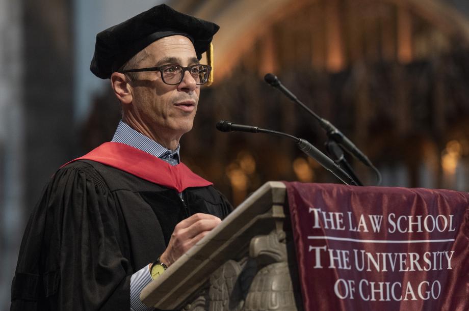 The faculty speaker, David A. Weisbach, the Walter J. Blum Professor of Law, told students: “Like no time in my life, the world needs people like you. I’ve never been more proud to be a law professor than today, because my job is to help create the young lawyers, you, that our country and the world needs.” The faculty speaker, David A. Weisbach, the Walter J. Blum Professor of Law, told students: “Like no time in my life, the world needs people like you. I’ve never been more proud to be a law professor than today, because my job is to help create the young lawyers, you, that our country and the world needs.”