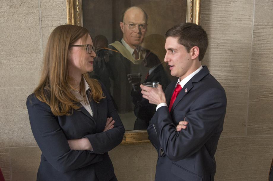 Spring brought the Hinton Moot Court Finals. Here, Abigail Majane and Tate Wines, both '18, talked about their oral arguments shortly before being announced as the winners of the 2018 competition. Spring brought the Hinton Moot Court Finals. Here, Abigail Majane and Tate Wines, both '18, talked about their oral arguments shortly before being announced as the winners of the 2018 competition.