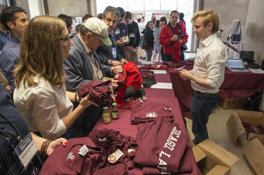 Many alumni gathered at the CLF memorabilia sale to stock up on Law School swag. 