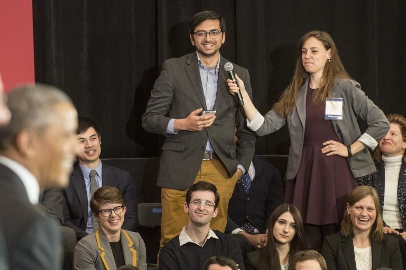 Obama gave long and thoughtful answers to many student questions. Here, Saif Kazim, '16, is shown asking his question. 