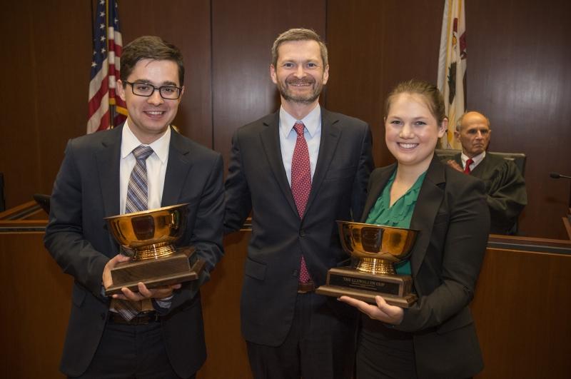 Reeves Jordan, ’17, and Lauren Beebe, ’16, came in second. They are shown with Dean Miles.