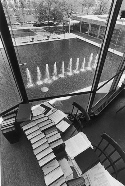 A view from the library's third floor shows the Law School's original fountain and reflecting pool.
