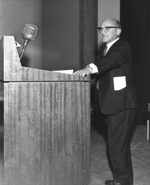 Milton Friedman delivers the 1967 Henry Simons Lecture in Law and Economics.