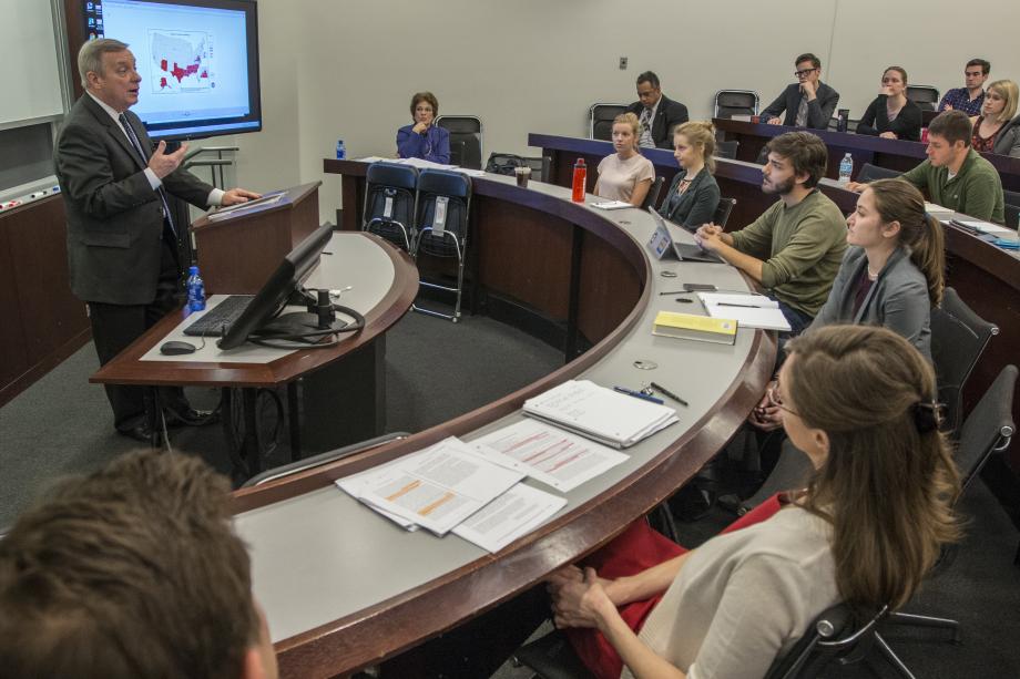 Durbin speaks to a Law School class