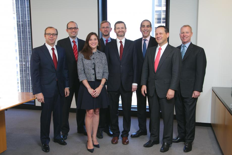 Several Wachtell, Lipton, Rosen & Katz partners, all Law School alumni, with Dean Thomas J. Miles. From left: Andrew J. Nussbaum, ’91; Gregory E. Pessin, ’05; Alison Zieske Preiss, ’06; Martin J.E. Arms, ’98; Miles; Adam O. Emmerich, ’85; David C. Karp, ’93; and Marc Wolinsky, ’80.