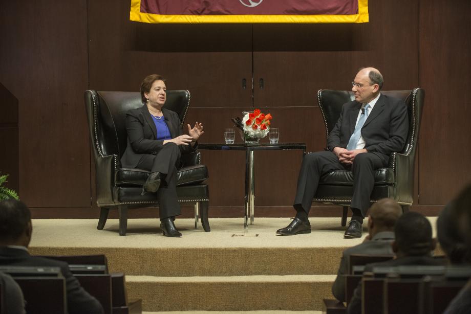 Elena Kagan talks with David Strauss in the Law School auditorium