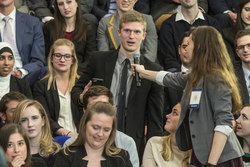 Obama, who commented several times on how nicely the students had dressed, complimented Jimmy Frost IV, '18: "You look sharp. Do you wear a tie everyday to class?" 